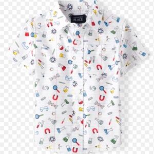 Boys Short Sleeve Science Doodle Print Poplin Button Up Shirt cotton 5t